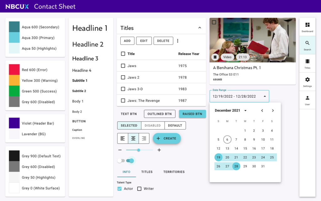 NBC Universal Design System Contact Sheet